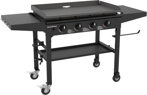 Blackstone 36 Inch 4 Burner 60,000 BTU Portable Steel Griddle Cooking Station with Foldable Legs, Grease Pan, and Storage Rack, Black