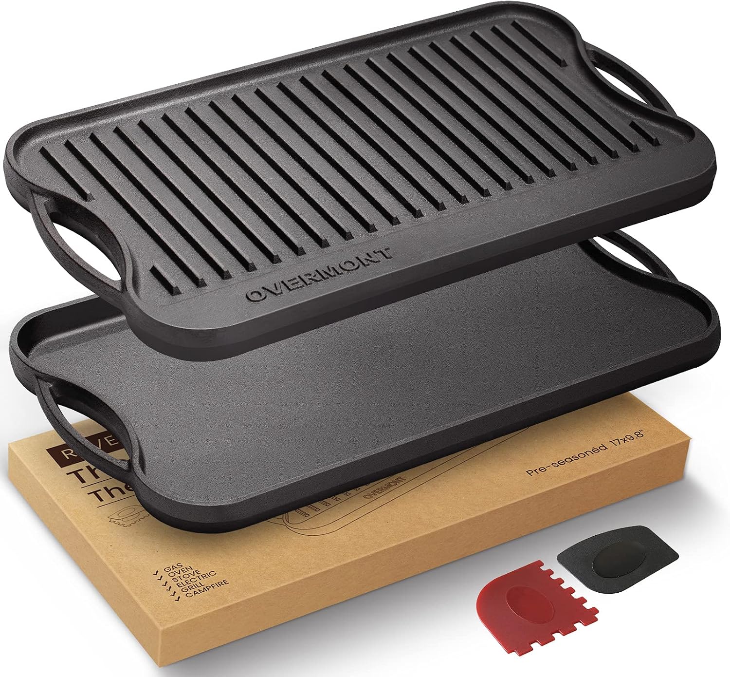 Overmont Reversible Cast Iron Grill - 17" x 9.8" Dual-Sided Griddle Pan