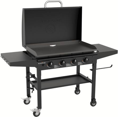 Blackstone 36 Inch Gas Griddle with Hood Cooking Station 4 Burner Flat Top Gas Grill Propane Fuelled Restaurant Grade Professional 36” Outdoor Griddle Station with Side Shelf