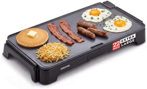 Gourmia 22 Inch XL Electric Griddle Pan - Nonstick Extra Large Flat Top Ceramic Surface, Countertop Cooker, Adjustable 200°F, 400°F, Pull-Out Drip Tray, Compact Handle-Free Design