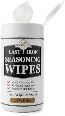 Cookware Care Cast Iron Seasoning Oil Wipes – Seasons, Oils & Conditions Cast Iron Skillet, Carbon Steel & Blackstone Griddle | 50 Wipes, Made in USA with Grapeseed Oil (1 Pack)