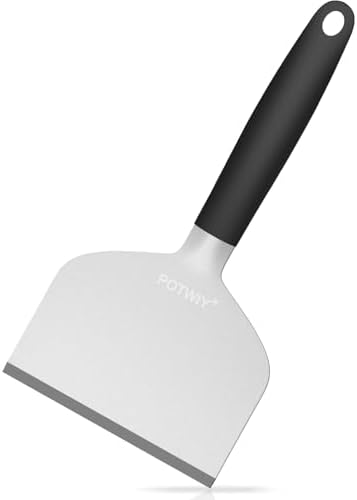 POTWIY Heavy Duty Griddle Scraper, 5.3" Wide, 1.5mm Thick Stainless Steel | Full Tang, Heat-Resistant Silicone Handle, Scraper Tool for Flat Top Grill & Griddle Cleaning Accessor