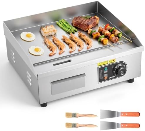 VEVOR Commercial Electric Griddle, 18", Countertop Flat Top Griddle | Stainless Steel Teppanyaki Grill, Iron Cooking Plate, 122-572℉ Adjustable Temp Control, 2 Shovels & Brushes :