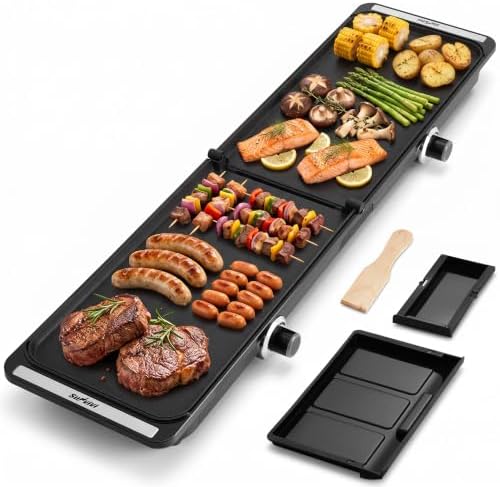 SUNVIVIPRO 38" x 10" Foldable Electric Griddle with 2 Cooking Zones | 1700W XL Electric Griddle with Nonstick Plates & Drip Tray, 150-450℉ Adjustable Temp, Ideal for Family P